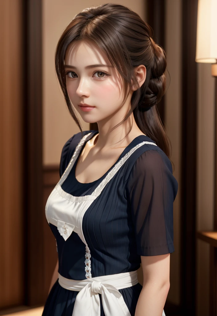 8K, of the highest quality, masutepiece:1.2), (Realistic, Photorealsitic:1.37), of the highest quality, masutepiece, Beautiful young woman, Pensive expression,、A charming、and an inviting look, Cute Maid Clothes, Hair tied back, Cinematic background, Light skin tone