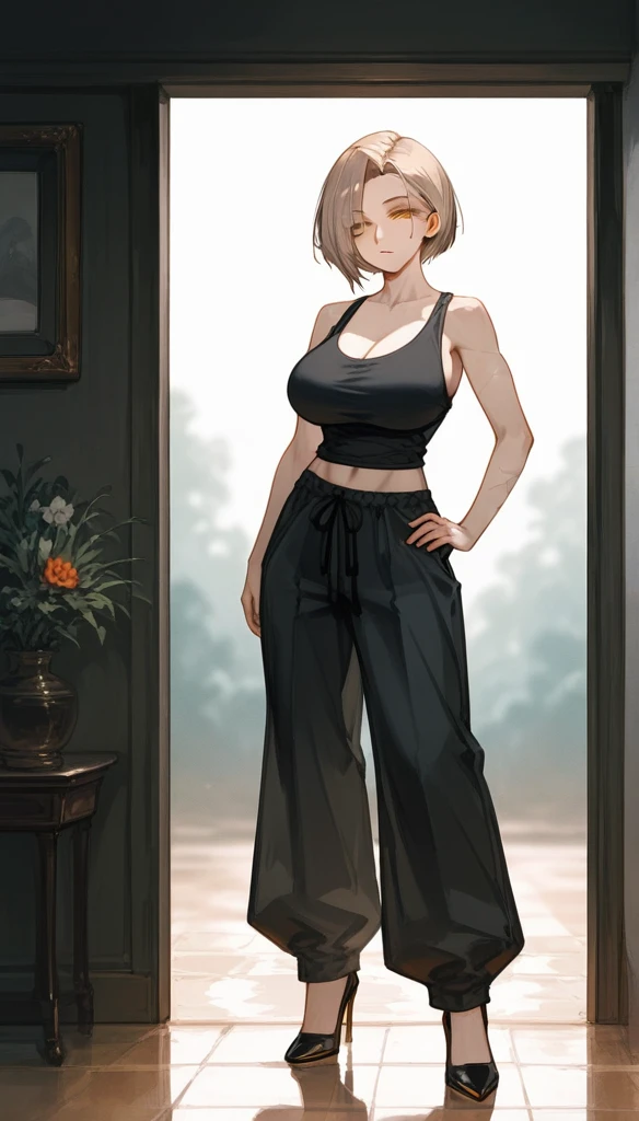 masterpiece, Score_9, Score_8_up, Score_7_up, front view, 1 woman, alone, black and light brown hair, very short hair, parted bangs, golden and orange eyes, half-closed eyes, parted lips, expressionless, pale skin, large breasts, many scars, one scar on one eye, the best quality, long and open bangs, black sleeveless shirt, black V-neckline, baggy pants, high heels.