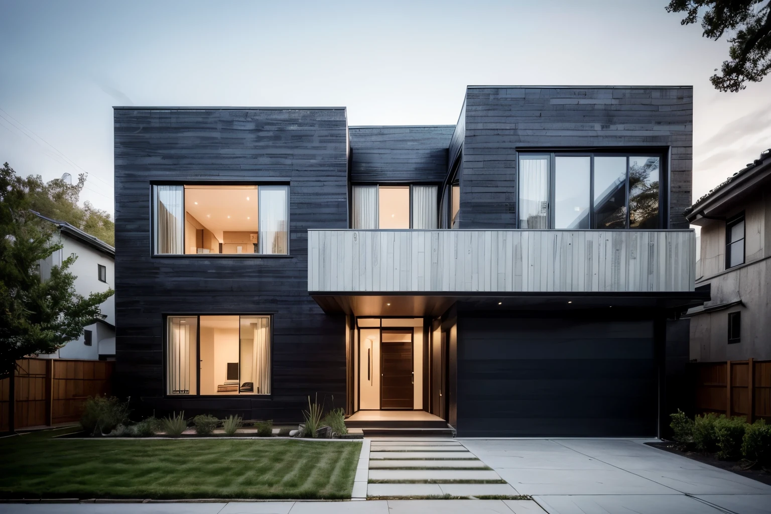 ((mejor calidad)), ((Obra maestra)), (detallado), a photograph of a modern two-story house with a flat roof, featuring large glass windows and a stone facade. The house has a sleek design with clean lines and a contemporary architectural style, in a strret outside newyork, fran slivestre architect.

