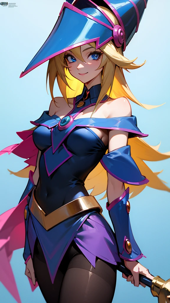 dark magician girl, long blonde hair, blue eyes, pantyhose, blue headwear, wizard hat, bare shoulders, smile, cowboy shot, highly detailed, HD, 4K, Masterpiece, highres