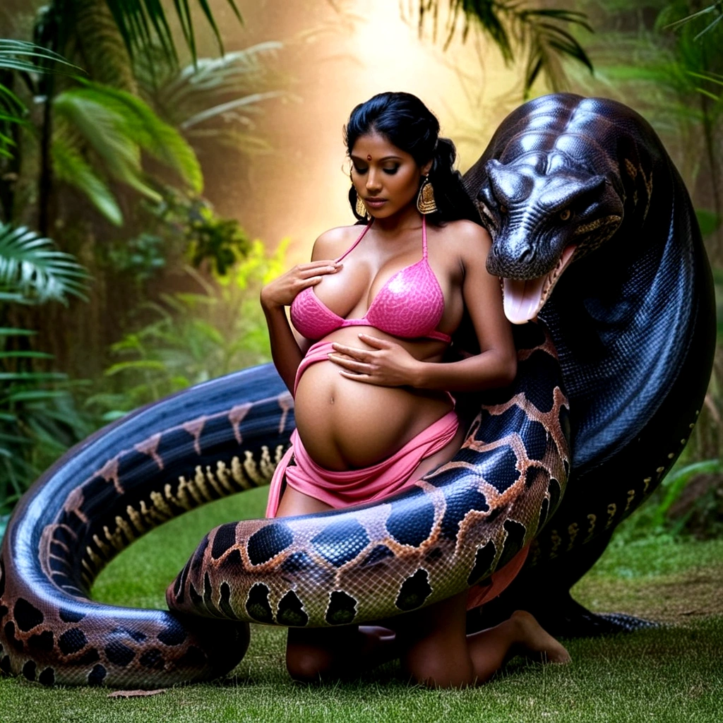 Pink thong Pregnant Happy Horny, aroused 1girl), beautiful kneeling Indian  girl   with  giant colossal black titanboa monster  squeezing her hard, wrapped in thick spiraling coils, constricted, struggle, gasping for air, snake attack, snake peril, moonless night, dim light