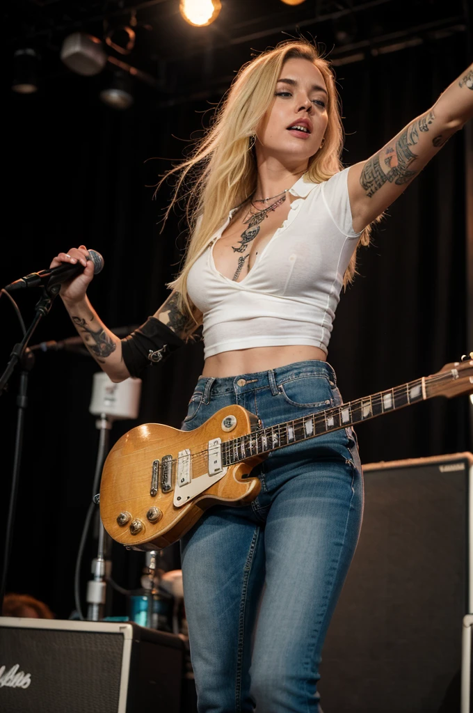 blonde girl grunge, black les paul guitar, 70's, stage, tattoos, jeans, white shirt, singing, shades, flannel shirt, eddie vedder inspired, big boobs, big ass