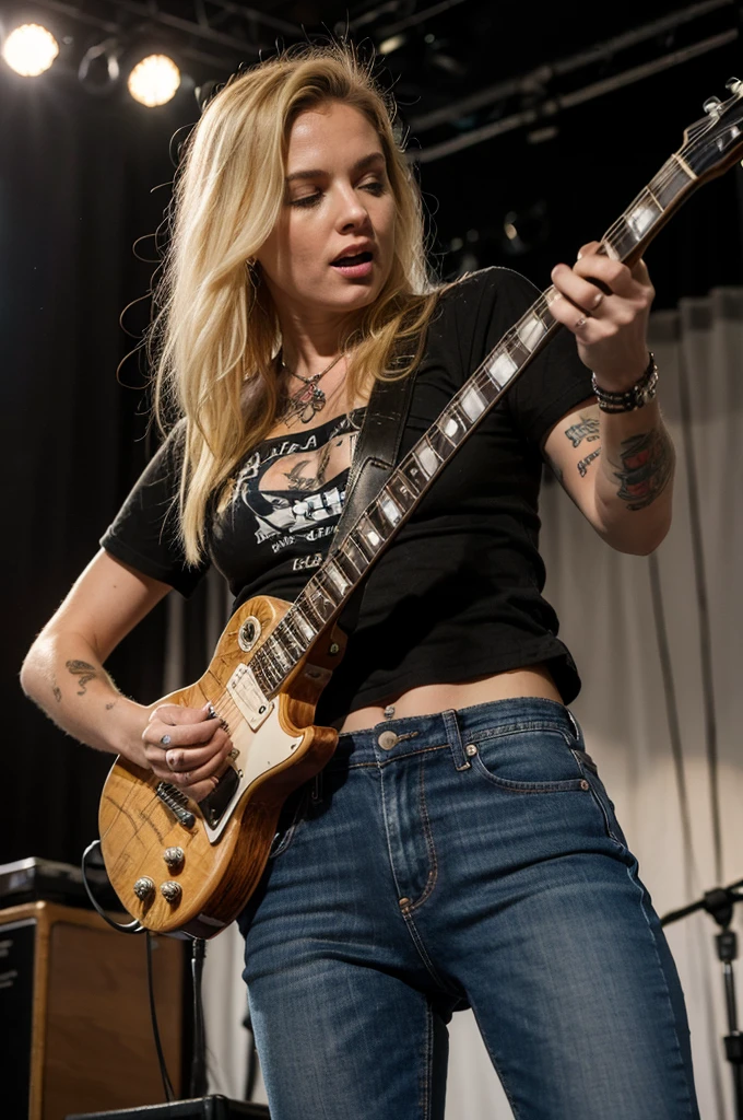 blonde girl grunge, black les paul guitar, 70's, stage, tattoos, jeans, white shirt, singing, shades, flannel shirt, eddie vedder inspired, big boobs, big ass