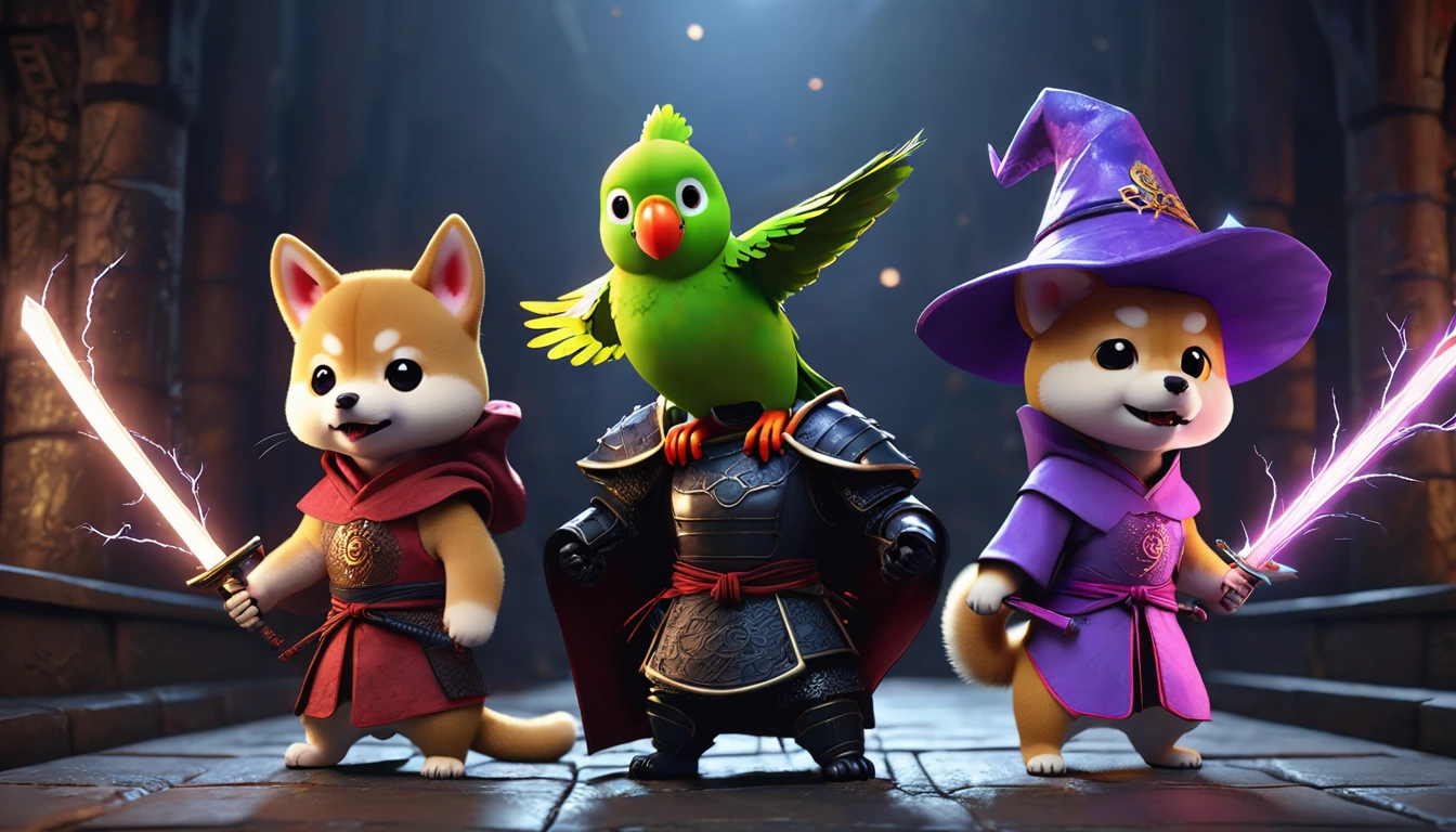 ((4 characters))、(Cat Knight、Dark armor、Holding a flaming sword)、(Monkey Warrior、A fighting pose with a lightning-charged fist)、(Shiba Inu Samurai、Black armor、Set up Japanese swords on both hands)、(Green Parrot Wizard、Witch's hat and robe、Holding a cane in both hands、A purple magic circle appears from the tip of the wand.)、In the dungeon、Twilight、4K、3DCG、High resolution with flying sparks, masterpiece, Highest quality, Super detailed, Super detailed, Ultra-realistic,
Hong Kong Style, 3D Fluffy, Cute and adorable close-ups, Cute big round reflective eyes, Long fuzzy fur, Pixar Rendering, unreal engine Cinematic smooth, Exquisite detail, Cinematic