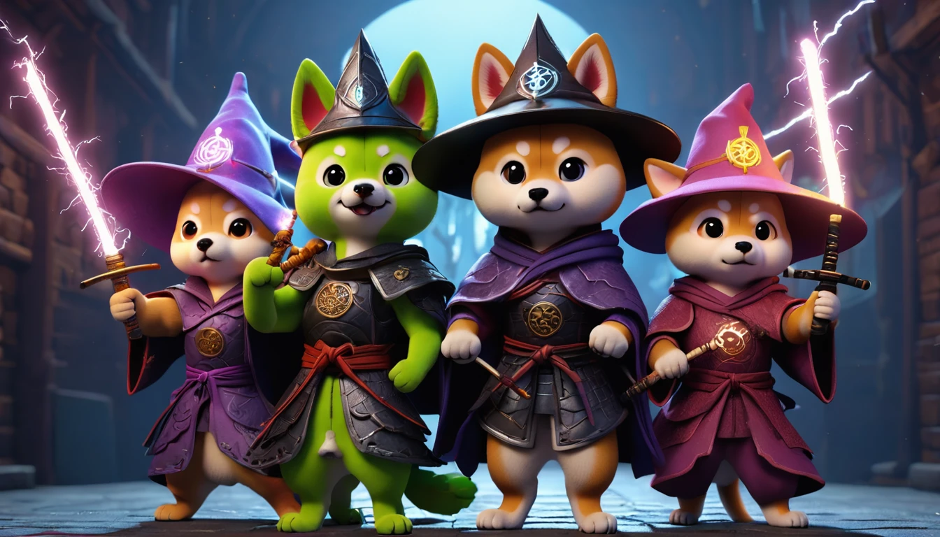 ((4 characters))、(Cat Knight、Dark armor、Holding a flaming sword)、(Monkey Warrior、A fighting pose with a lightning-charged fist)、(Shiba Inu Samurai、Black armor、Set up Japanese swords on both hands)、(Green Parrot Wizard、Witch's hat and robe、Holding a cane in both hands、A purple magic circle appears from the tip of the wand.)、In the dungeon、Twilight、4K、3DCG、High resolution with flying sparks, masterpiece, Highest quality, Super detailed, Super detailed, Ultra-realistic,
 Hong Kong Style, 3D Fluffy, Cute and adorable close-ups, Cute big round reflective eyes, Long fuzzy fur, Pixar Rendering, unreal engine Cinematic smooth, Exquisite detail, Cinematic