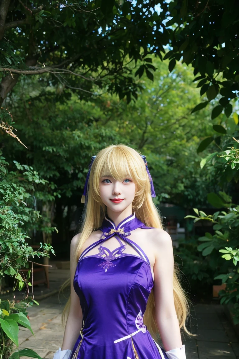 best quality, tmasterpiece,Ultra-high resolution,Clear face,(Reality:1.4),ferpect lighting,(upper body photo), (photorealistic:1.50), anime wallpaper, Guviz style artwork, cover-up fantasy up to magic , by Yang J, Guviz, beautiful artwork illustration, beautiful digital artwork, beautiful digital illustration, Li Song, beautiful anime portrait, art style in Beauvot, 1girl, 独奏, long hair, (blonde hair:1.5), (twintails:1.3), hair ribbon, bangs, blue eyes, Blush, smile, (purple dress:1.3), (Chinese dress:1.5), standing, (looking at viwer), Arm gloves, Bare shoulders, Arms behind back,