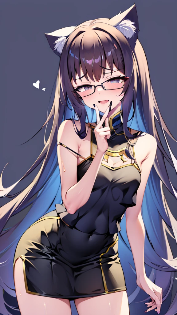 A 20-year-old cat girl with long black hair, gray eyes, cat ears and a cat tail, wears glasses, black  long dresses sexy, sleeveless, standing,