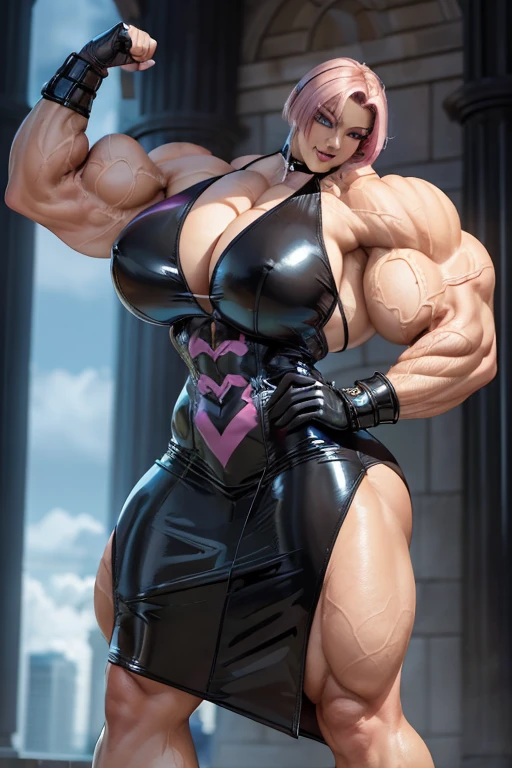 (((Massive tall, beautiful, buff, light brown skinned muscular woman with shockingpink hair, black lipstick, ginormous bulky muscles and wearing a beautiful latex pencil dress))), (close view), massive muscles, massive biceps, hyper muscle shoulders, massive muscle arms, vascular shoulders, hyper muscle triceps, (angled bob cut), (((beautiful latex pencil dress))), red eyes, gauntlets, gloves, choker, high heels, (in a magical city), closed smile, evening, hyper vascular arms, hyper muscles arms, hyper muscle legs, massive arms