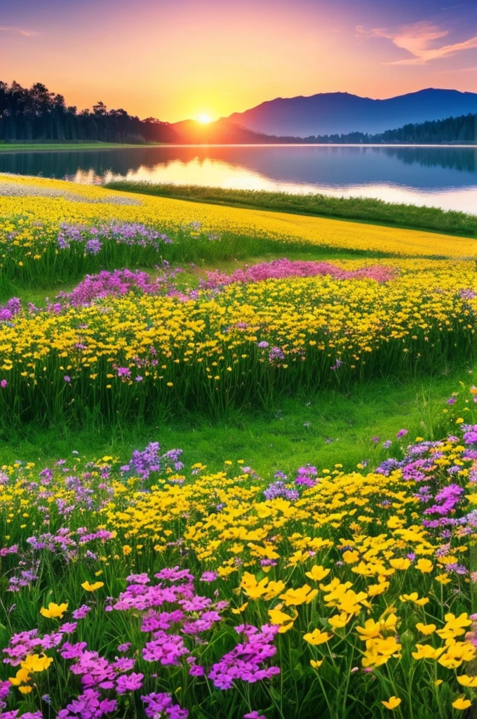 Beautiful fields of flowers, sunrise, lake, butterfly ,nature, wallpaper,, best light