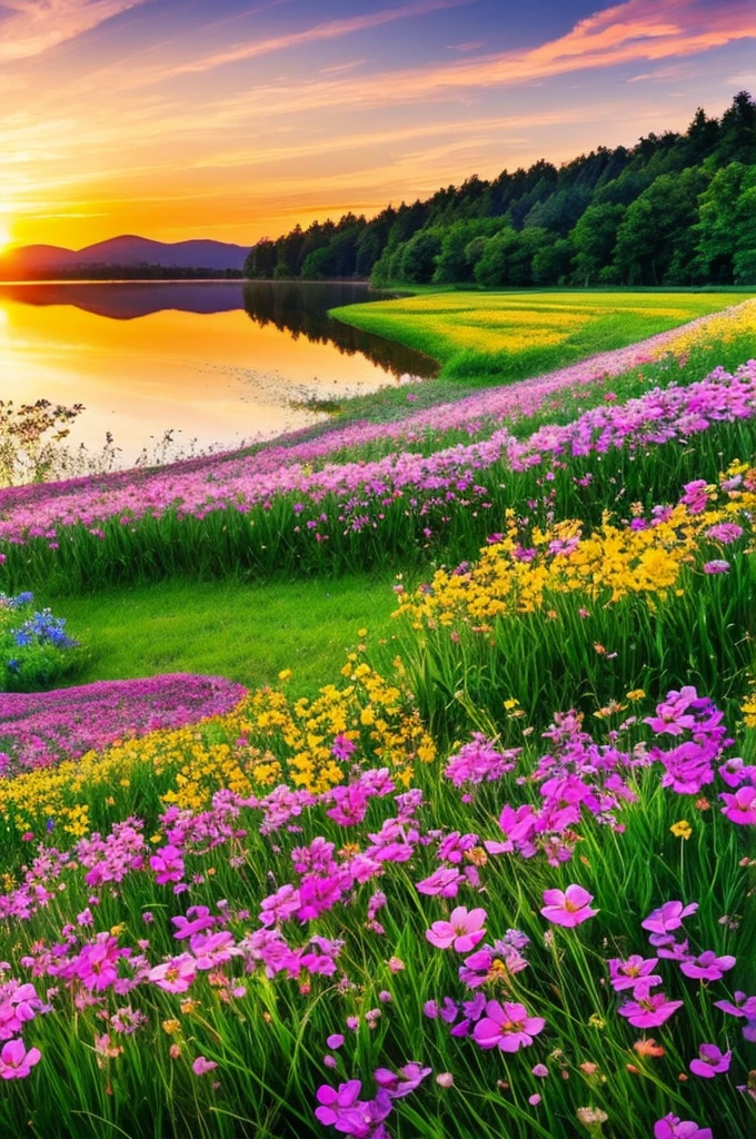 Beautiful fields of flowers, sunrise, lake, butterfly ,nature, wallpaper,, best light
