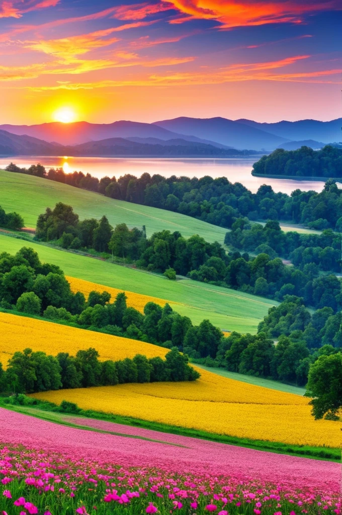 Beautiful fields of flowers, sunrise, lake, butterfly ,nature, wallpaper,, best light