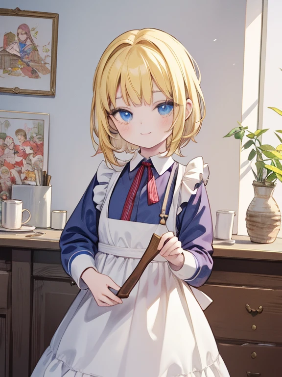 masterpiece, Highest quality, Very detailed, 16K, Ultra-high resolution, Cowboy Shot, Alice in Wonderland, (Carl Larsson:1.5), , Detailed face, smile, blue eyes, blonde, Braiding, Long Hair, Ribbon on head, Blue clothes, Plain white apron