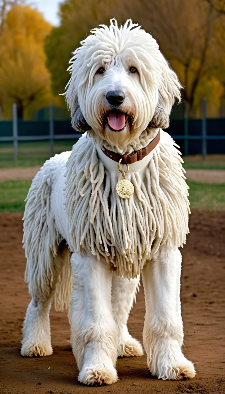 There is no one, realistic photo, photo realism, realism, Komondor(Komondor), perfect composition, intricate details, Very sharp, masterpiece, profile, high resolution, looking at the viewer, Full body photo in the dog park