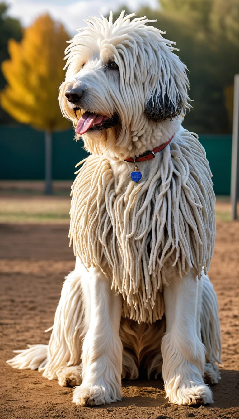 There is no one, realistic photo, photo realism, realism, Komondor(Komondor), perfect composition, intricate details, Very sharp, masterpiece, profile, high resolution, looking at the viewer, Full body photo in the dog park