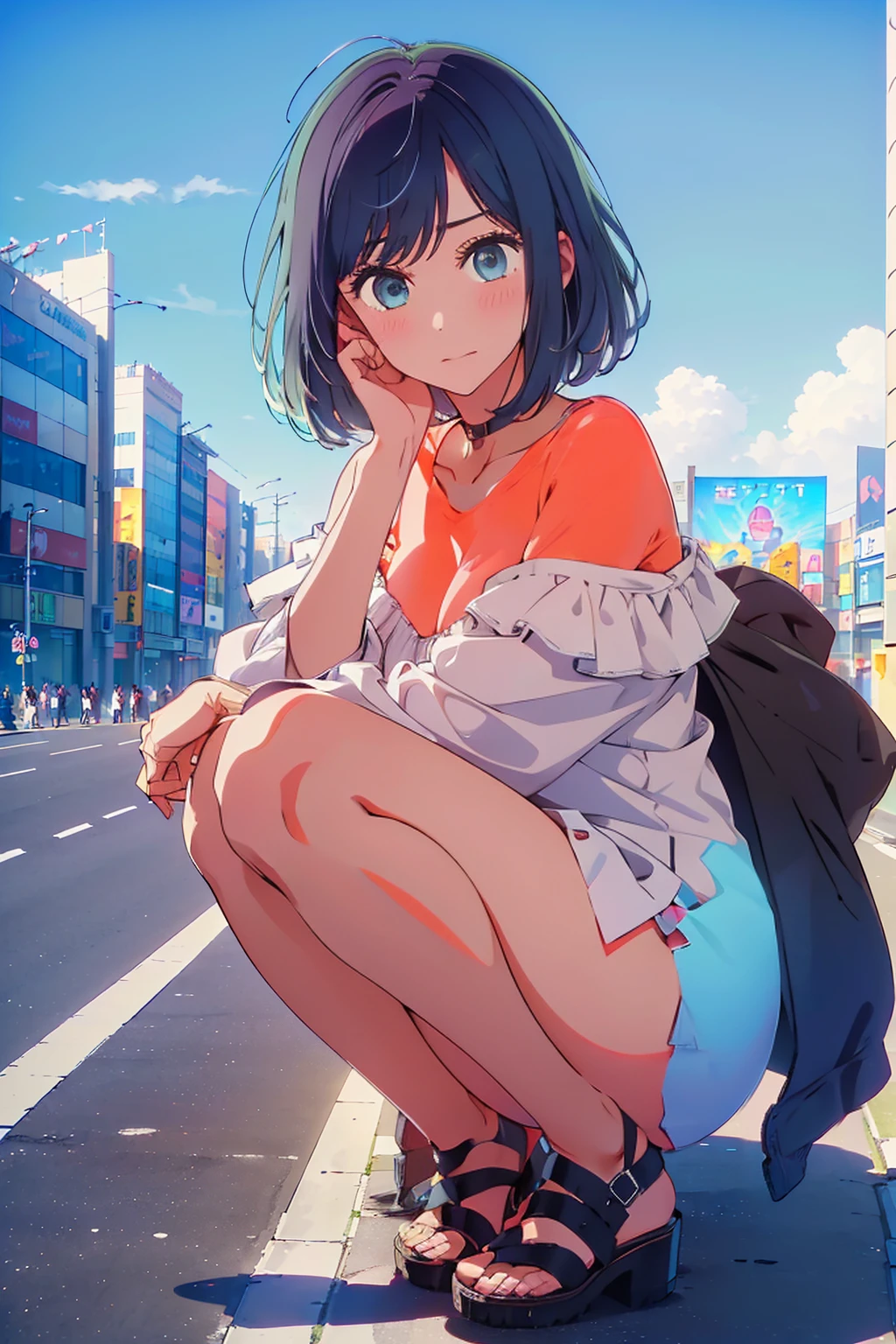 (Highest quality:1.4、masterpiece:1.4、Super detailed:1.4、Ultra-high resolution:1.4、8K:1.4)、Slim body、Big Breasts、((((1 person、Surprised expression、In the background are the urban buildings of Tokyo、looking at the camera、Shibuya Crossing in Tokyo、Get up close and take a photo、Very cute face))))、((((nude、very beautiful areola))))、(Pose with hands tucked behind ears:1.4、Cheek resting on hand:1.4、squat)、(((Black off-shoulder blouson)))、valley、Very blue sky、A completely cloudless sky