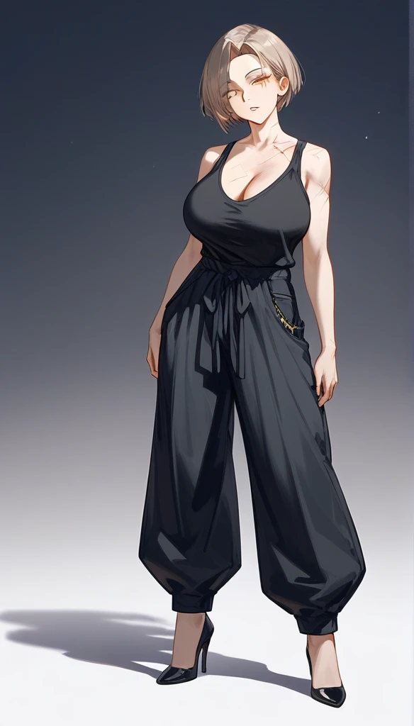 masterpiece, Score_9, Score_8_up, Score_7_up, front view, 1 woman, alone, black and light brown hair, very short hair, parted bangs, golden and orange eyes, half-closed eyes, parted lips, expressionless, pale skin, large breasts, many scars, one scar on one eye, the best quality, long and open bangs, black sleeveless shirt, black V-neckline, baggy pants, high heels.