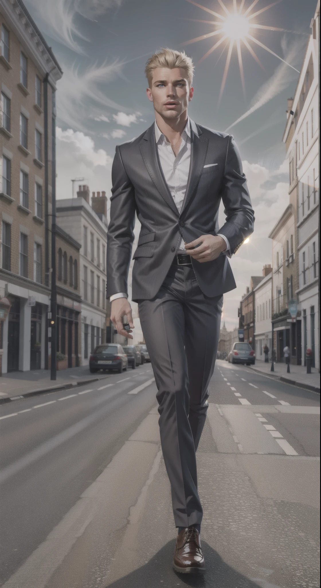 High resolution image of white skinned blond man, brawny, showing full body, braços brawnys, wearing a gray pinstripe suit, wearing caramel leather buckle shoes, walking in deserted London, With Sun, looking at camera, perfect italian style face, fine nose, pink mouth lips, cloused mouth, well-defined eyes with blue iris, show muscular legs, 8K ultra resolution.