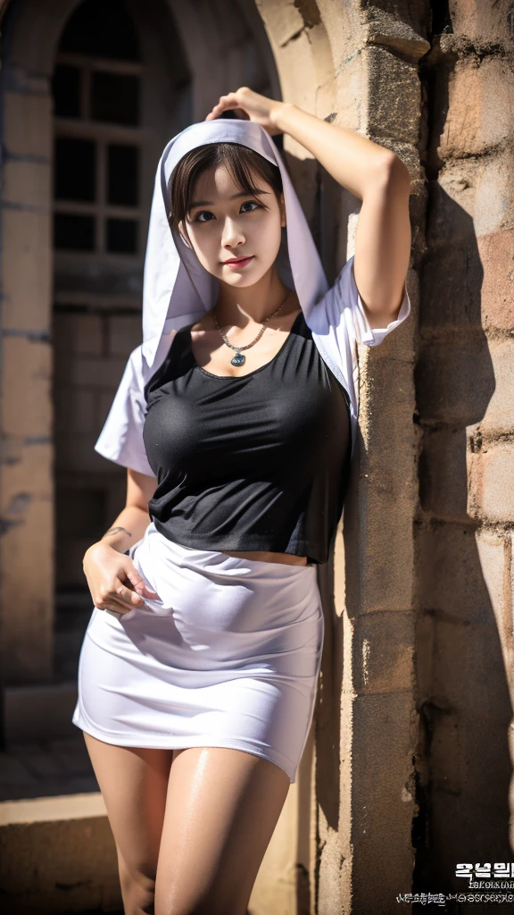 Korean 20-year-old beauty,Huge breasts,Clothes and skin are soaked all over,(wetclothes:1.9)((((Nuns in churches wearing cross necklaces wear nun short gowns and nun hats,High-top black leather shoes))),((Clothing that exposes))Clothes and skin are soaked all over,Glowing skin,Sweaty skin,Works of masters,Best image quality,Higher quality,high detal,Ultra-high resolution,8K resolution,perfect hand,full body shot shot,Exquisite facial features,s the perfect face,(Reality:1.4),fully body photo,The Tyndall effect beam hits people,