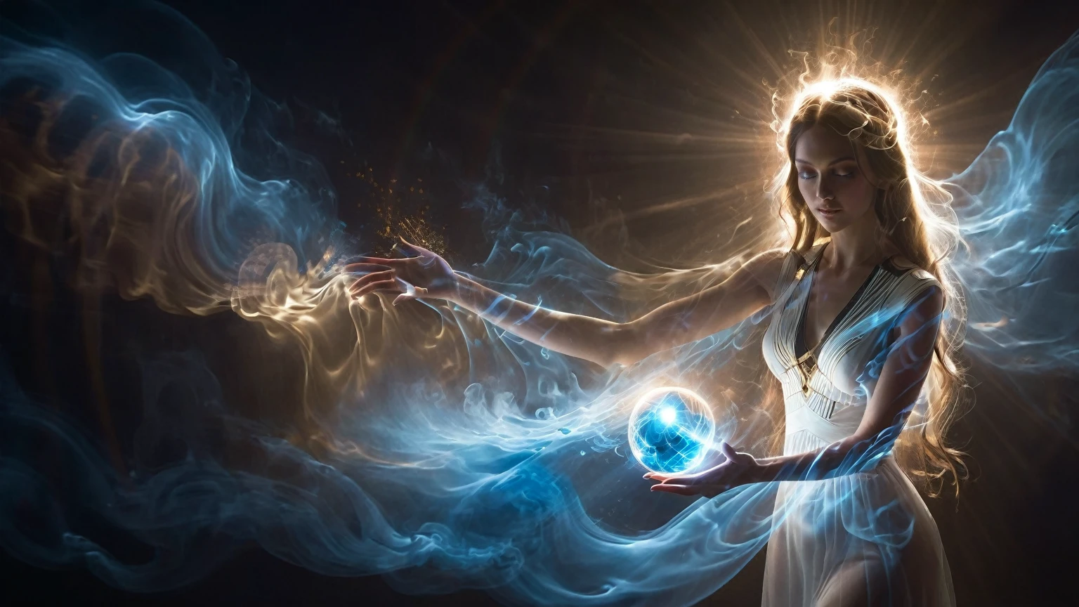 The goddess who controls the light beam, holding a glowing magical ball with beautiful spirit spreading out, backlight, surrealism, godhead, cyber surge, blue-black tones, light shining through the smoke, scattering, refraction, diffuse reflection, tyndall effect, Brownian motion, light beam, dark environment.