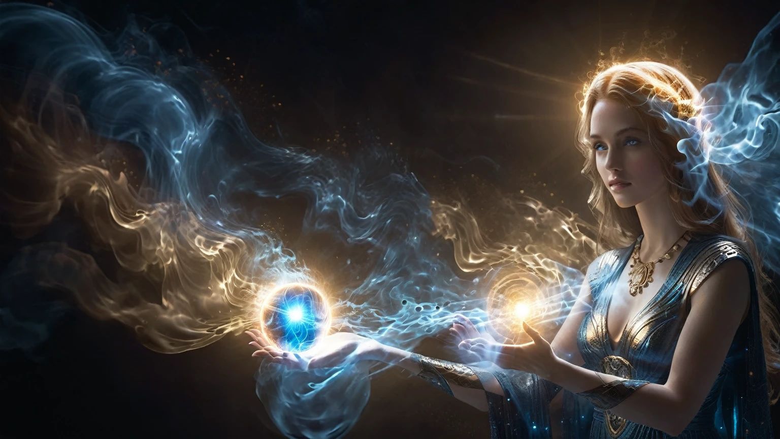 The goddess who controls the light beam, holding a glowing magical ball with beautiful spirit spreading out, backlight, surrealism, godhead, cyber surge, blue-black tones, light shining through the smoke, scattering, refraction, diffuse reflection, tyndall effect, Brownian motion, light beam, dark environment.