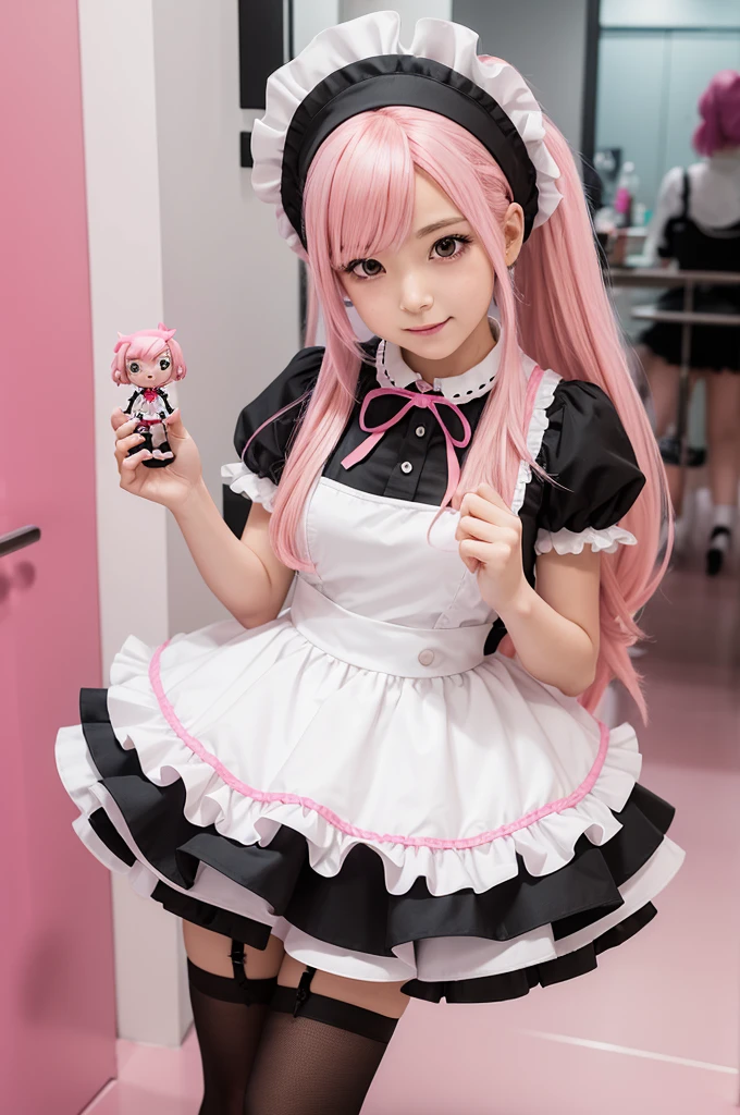 Anime girl dressed as maid with pink hair with an cartoon spike figure in hand selling candy