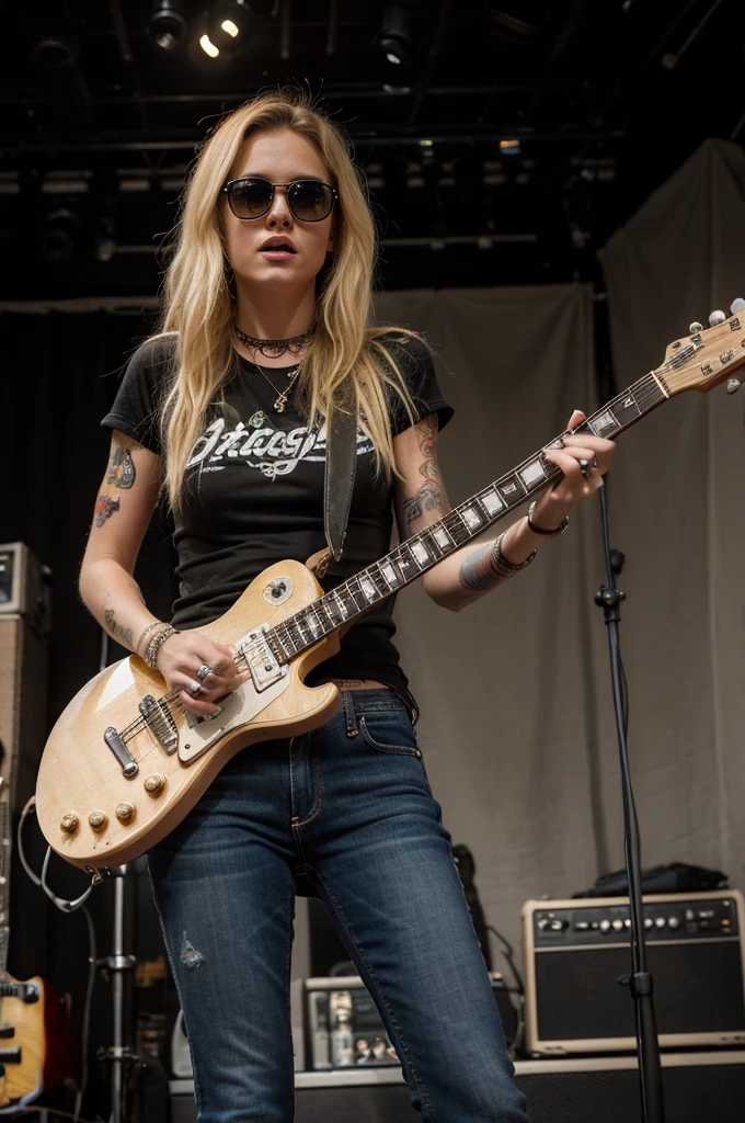 blonde girl grunge, black les paul guitar, 70's, stage, tattoos, jeans, singing, shades, flannel, showing tits
