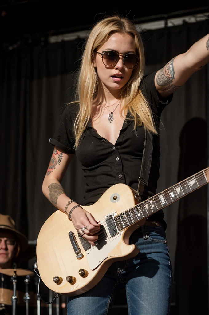 blonde girl grunge, black les paul guitar, 70's, stage, tattoos, jeans, singing, shades, flannel, showing tits
