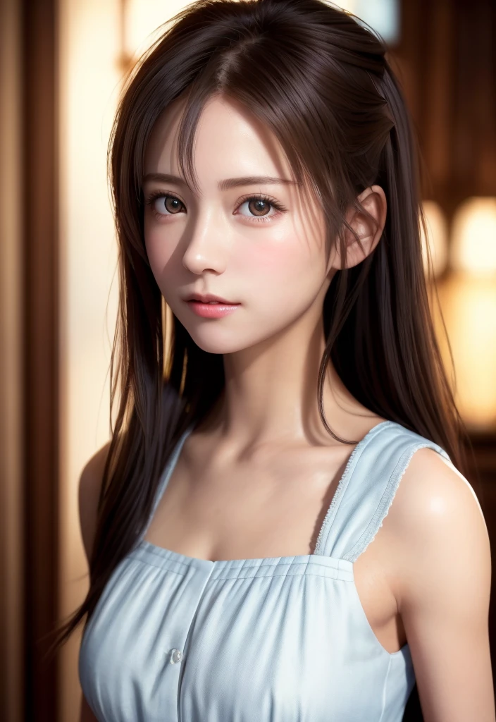 8K, of the highest quality, masutepiece:1.2), (Realistic, Photorealsitic:1.37), of the highest quality, masutepiece, Beautiful young woman, Pensive expression,、A charming、and an inviting look, Cute Maid Clothes, Hair tied back, Cinematic background, Light skin tone