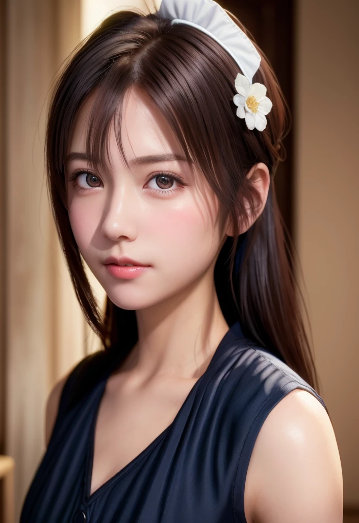 8K, of the highest quality, masutepiece:1.2), (Realistic, Photorealsitic:1.37), of the highest quality, masutepiece, Beautiful young woman, Pensive expression,、A charming、and an inviting look, Cute Maid Clothes, Hair tied back, Cinematic background, Light skin tone