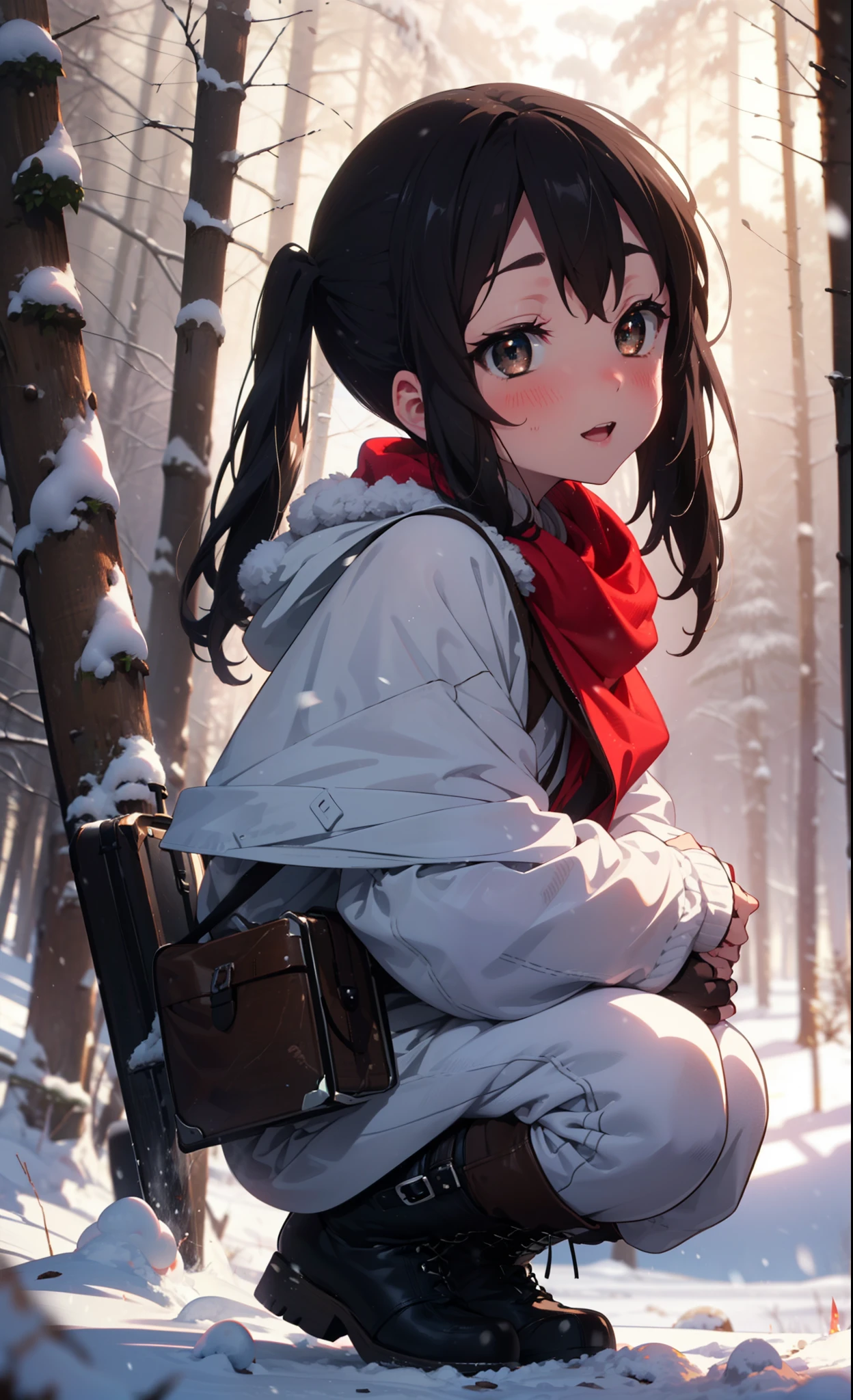 teeth, Azusa Nakano, Black Hair, (Brown eyes:1.5), Long Hair, ,Twin tails,smile,smile,blush,White Breath,
Open your mouth,snow,Ground bonfire,, Outdoor, boots, snowing, From the side, wood, suitcase, Cape, Blurred, , forest, White handbag, nature,  Squat, Mouth closed, Cape, winter, Written boundary depth, Black shoes, red Cape break looking at viewer, Upper Body, whole body, break Outdoor, forest, nature, break (masterpiece:1.2), Highest quality, High resolution, unity 8k wallpaper, (shape:0.8), (Beautiful and beautiful eyes:1.6), Highly detailed face, Perfect lighting, Highly detailed CG, (Perfect hands, Perfect Anatomy),