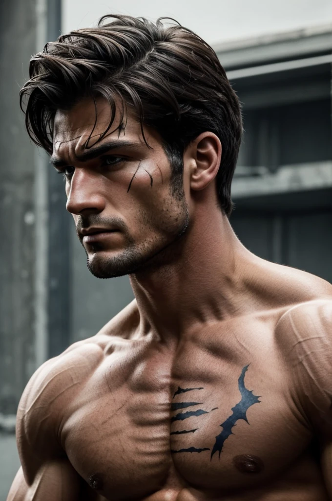 Constitution: Strong and robust, with defined muscles Hair: short, dark brown, slightly disheveled eyes: blue, with an intense and determined look Skin: pale, with war scars, especially on the arms and face Facial features: Strong and masculine features, with a prominent jaw Particularities: A noticeable scar on the left cheek, memory of a confrontation with a superhuman.