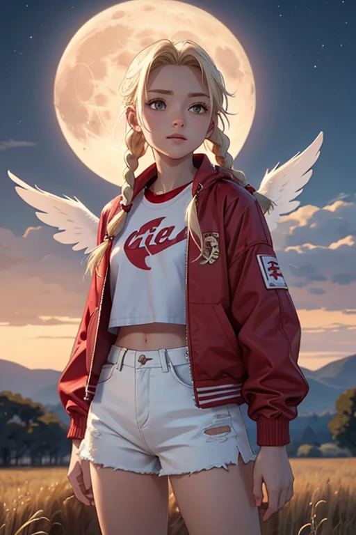 Kizi, white, 20 year. blonde with two long braids, Red cropped jacket with wings drawn, Shorts Jeans e Tenis, in a rural landscape, looking at the full moon in the sky