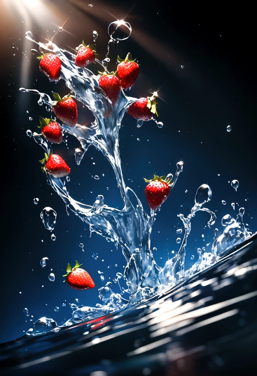 Cinematic RAW Photos，Ultra-realistic photos，Ultra-realistic photos，Digital SLR，Soft lighting，Product photo of five strawberries falling into water、Dripping、Splashing clear liquid、Water flower，Dynamic Composition Star Part) (Highest quality) (be familiar with) (Cinema Lighting) (Sharp focus) (Complex), Master Parts, Highest quality, Ultra-high resolution, 8K Ultra HD