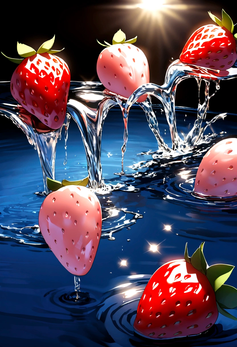 Cinematic RAW Photos，Ultra-realistic photos，Ultra-realistic photos，Digital SLR，Soft lighting，Product photo of five strawberries falling into water、Dripping、Splashing clear liquid、Water flower，Dynamic Composition Star Part) (Highest quality) (be familiar with) (Cinema Lighting) (Sharp focus) (Complex), Master Parts, Highest quality, Ultra-high resolution, 8K Ultra HD
