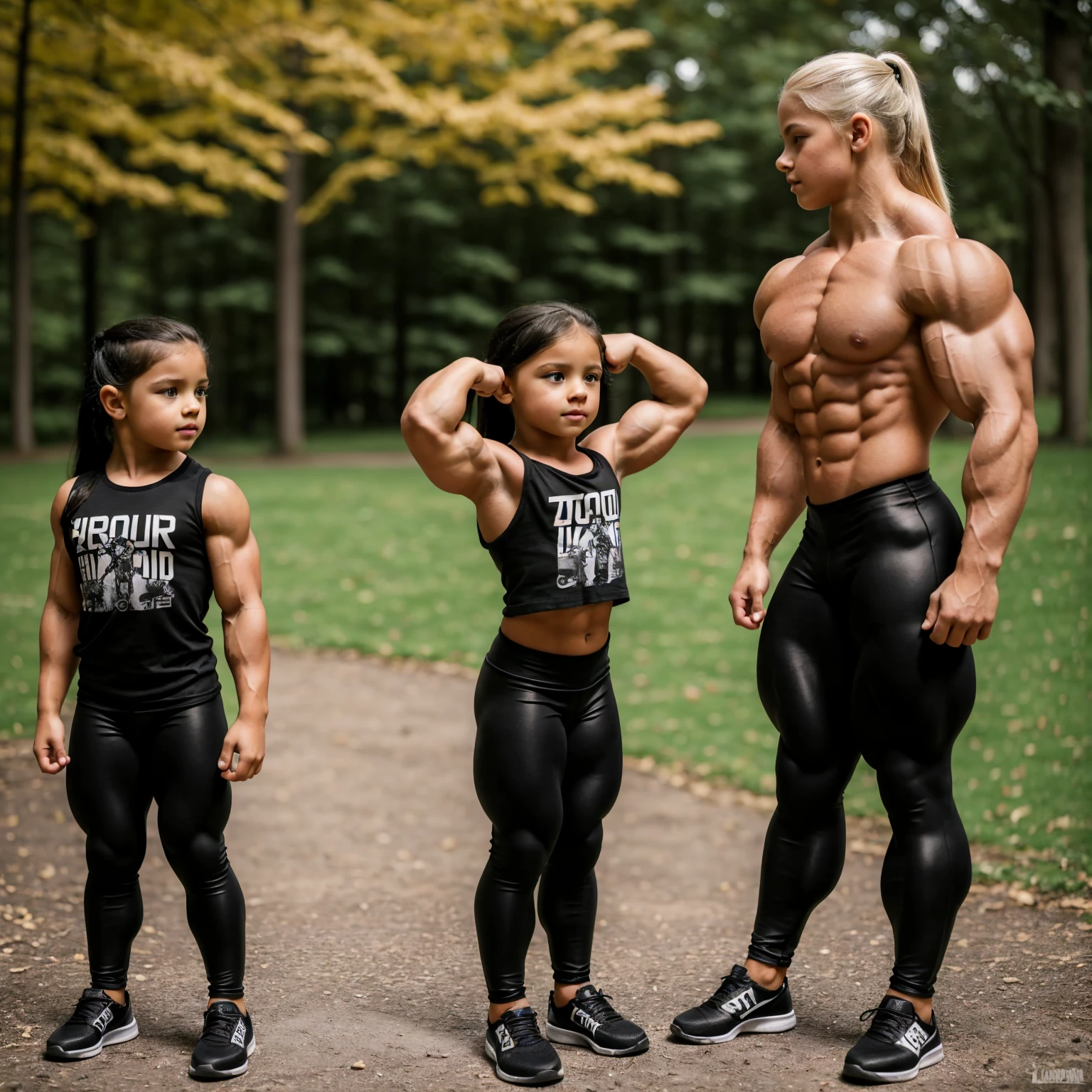 two  beautiful muscualr bodybuilding children girls, (one blonde haired girl is muscular with a bodybuilder physique), (one black haired girl is with a muscular fitness model physique, girly leggings, tshirt) in a park