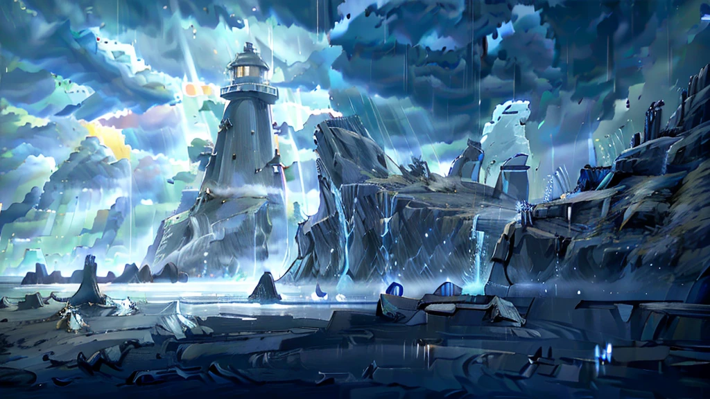 Lighthouse on the wild sea with angels flying around. Rays of rain and sun. Mystic.