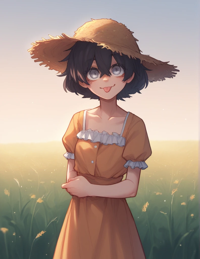 1 girl, alone, ppka, black fur, short hair, messy fur, Ahoge, parts, parts por todo el cuerpo, grey eyes, blind, cute smile looking at the viewer,
naked, solo usan un petticoat pantaloon, petticoat pantaloon, farmer pants, straw hat,
Pose linda, nice smile cured the tongue, tender look,
Field, you cultivated heavens