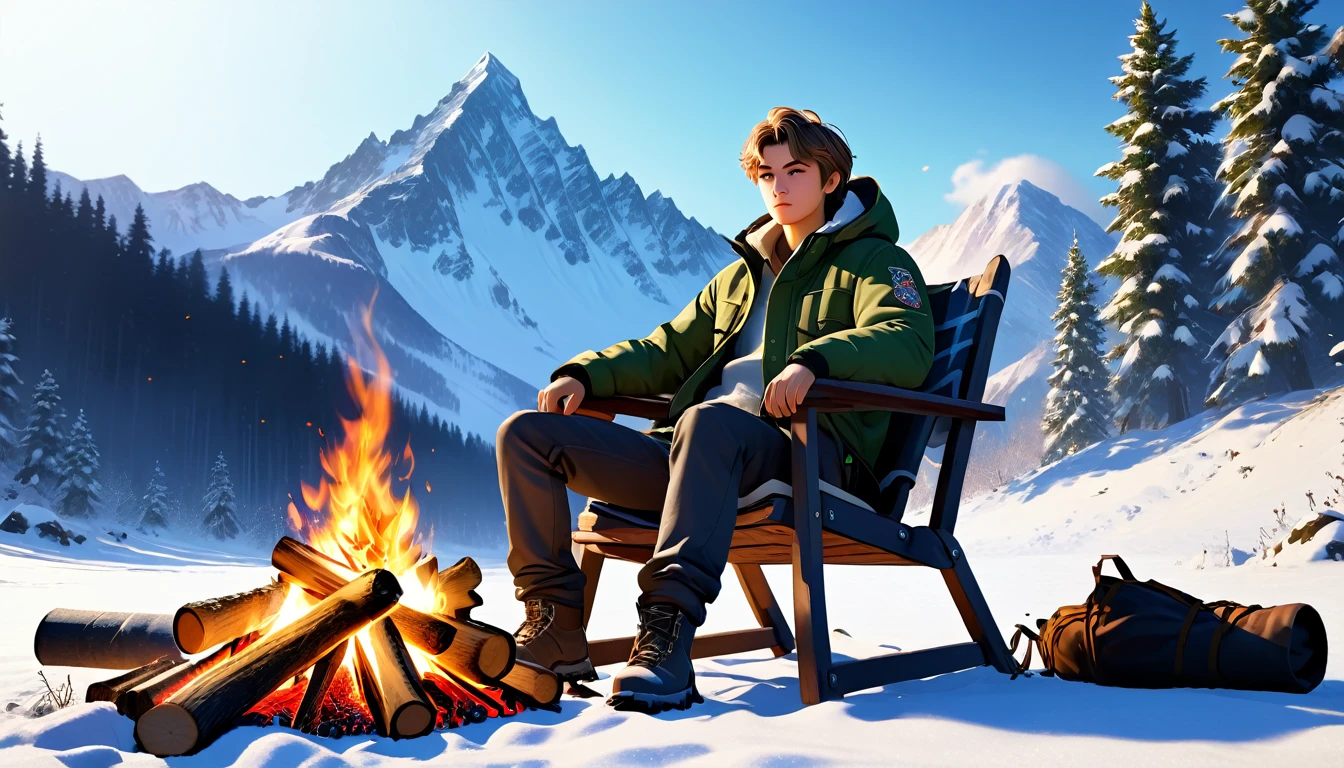 ((Very detailed, High resolution, Very detailed, Highest quality, wonderful, Highest quality, Very detailed CG Unity 8k 壁紙, Cinema Lighting)),) 1 person, camp, Bonfire, 1200cc motorbike, winter, Low - Angle, Wide-angle angle, Bonfireの前に座っている, Sitting in an outdoor chair, Bonfireを眺める, Background is mountains and forests, animation, Cool guy,