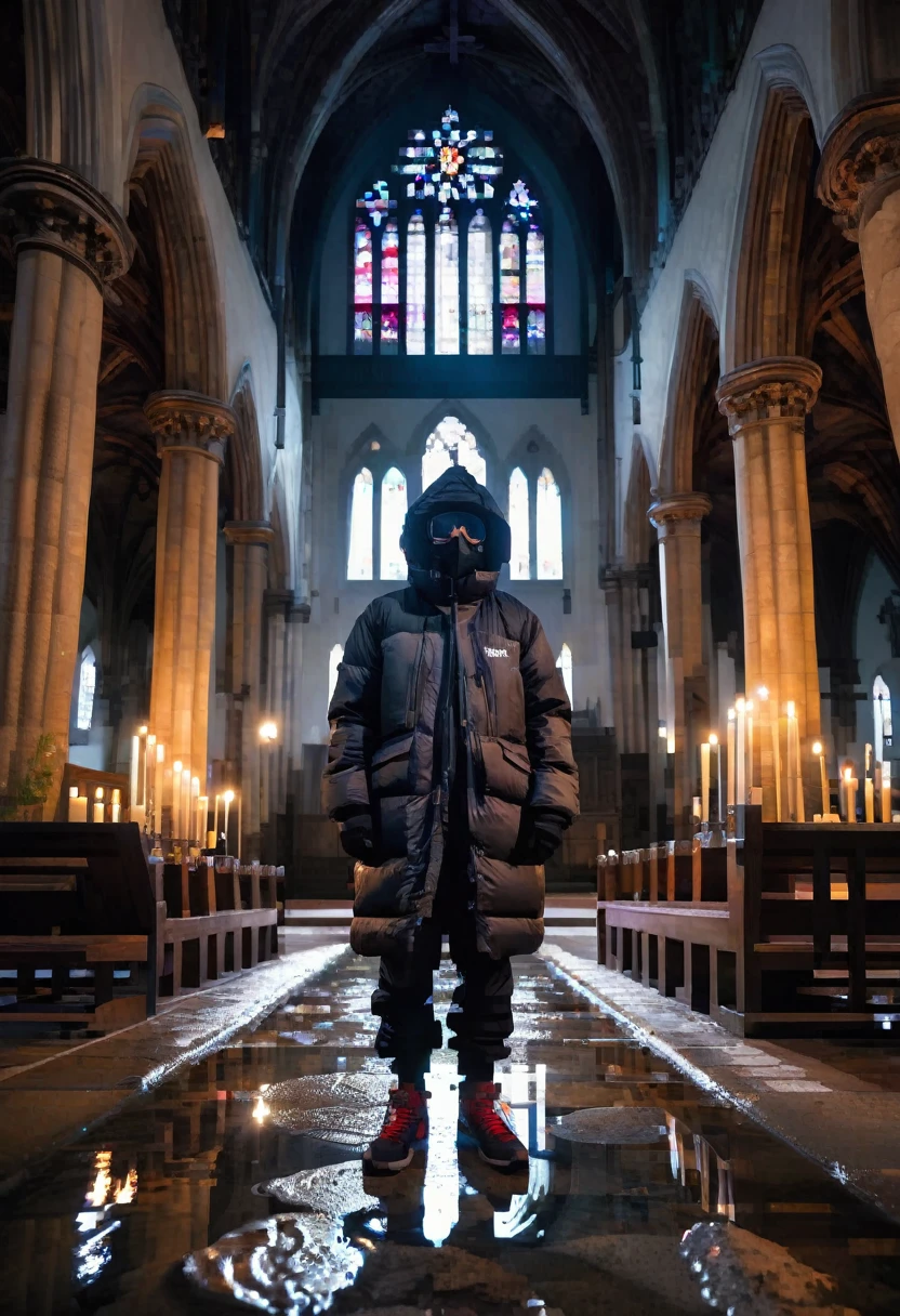 fisheye lens, puffer jacket ski baggy pants sneakers mask man standing inside a gothic church, wet stone, puddles, infinite vaults, bloodborne, dramatic light, low key, candle light