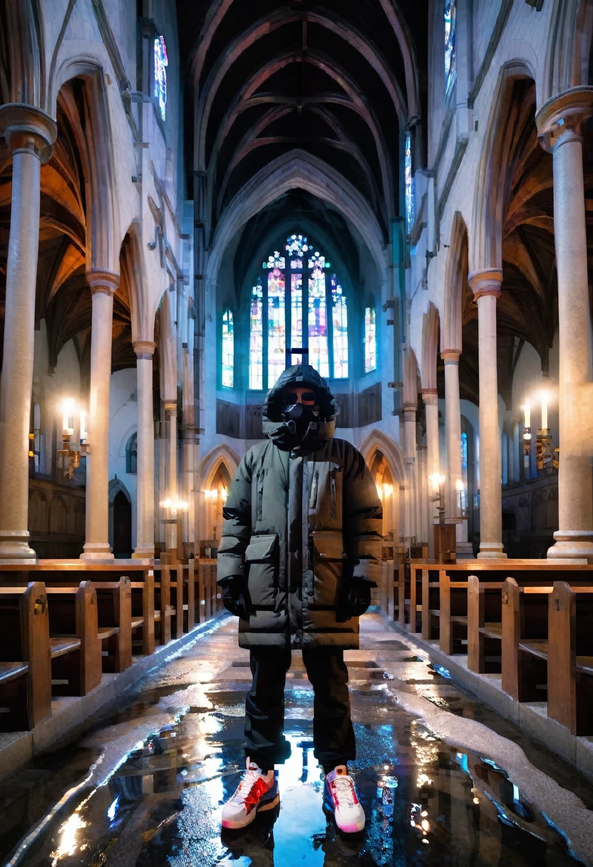 fisheye lens, puffer jacket ski baggy pants sneakers mask man standing inside a gothic church, wet stone, puddles, infinite vaults, bloodborne, dramatic light, low key, candle light