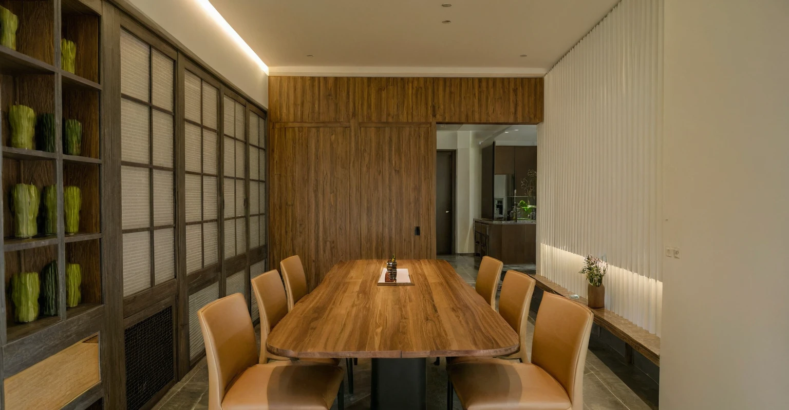 Raw photo, Masterpiece, high quality, best quality, authentic, super detail, interior, indoors, style Indochine modern, minimalist line, wooden, walnut veneer wood, led light, white paint wall, sofa, daylight, atrium, LIVING ROOM, PEN HOUSE, kitchen, japan style, bedroom, wasabi style, Jen styled, dinning room,
