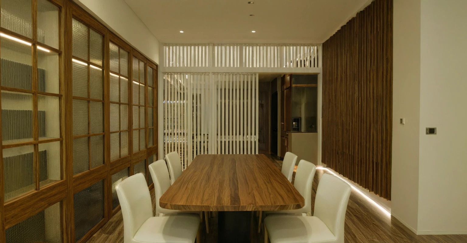 Raw photo, Masterpiece, high quality, best quality, authentic, super detail, interior, indoors,  style Indochine modern, minimalist line, wooden, walnut veneer wood, led light, white paint wall, sofa, daylight, atrium, LIVING ROOM, PEN HOUSE, kitchen, japan style, bedroom, wasabi style, Jen styled, dinning room, 