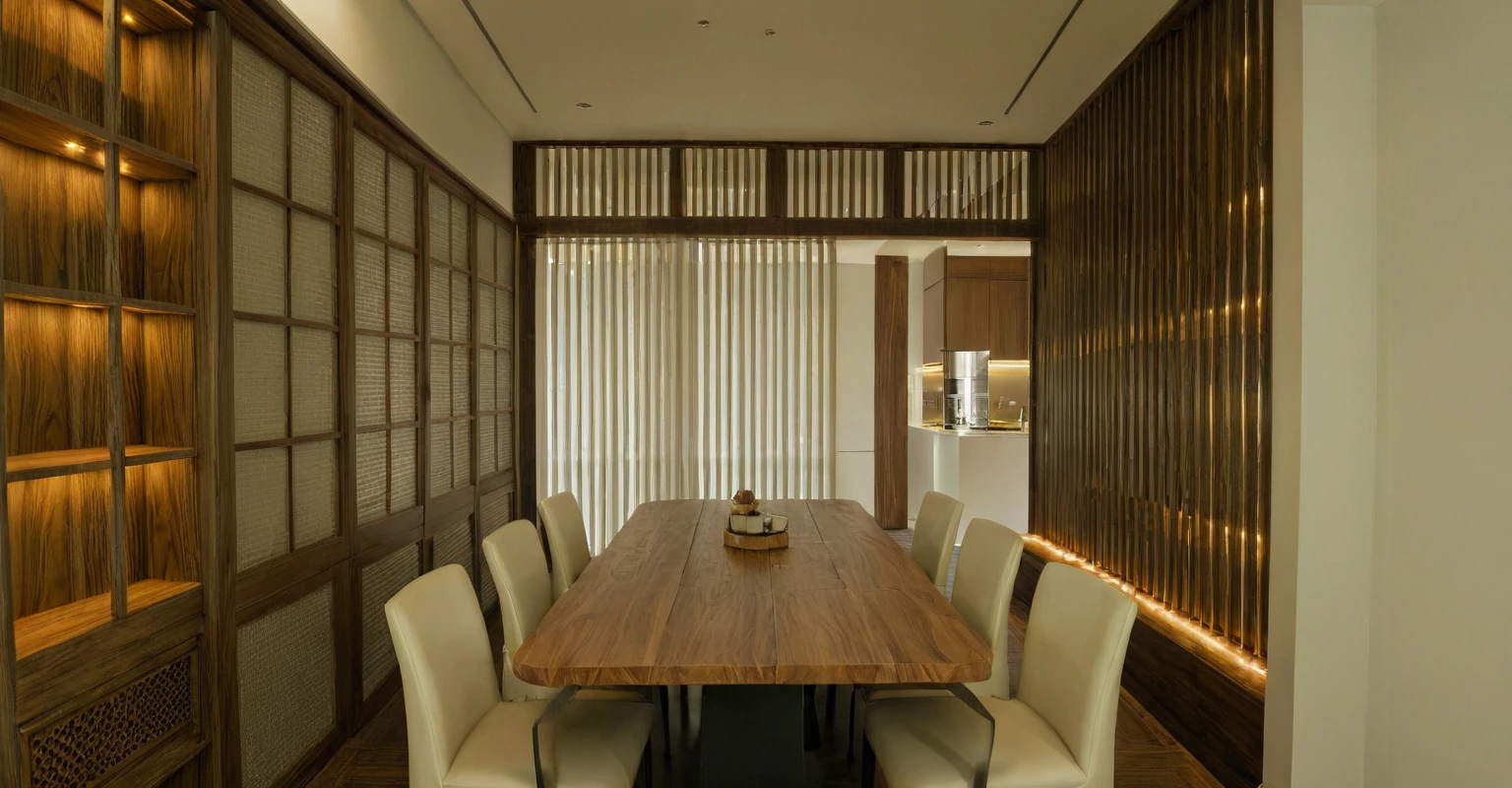 Raw photo, Masterpiece, high quality, best quality, authentic, super detail, interior, indoors,  style Indochine modern, minimalist line, wooden, walnut veneer wood, led light, white paint wall, sofa, daylight, atrium, LIVING ROOM, PEN HOUSE, kitchen, japan style, bedroom, wasabi style, Jen styled, dinning room, 