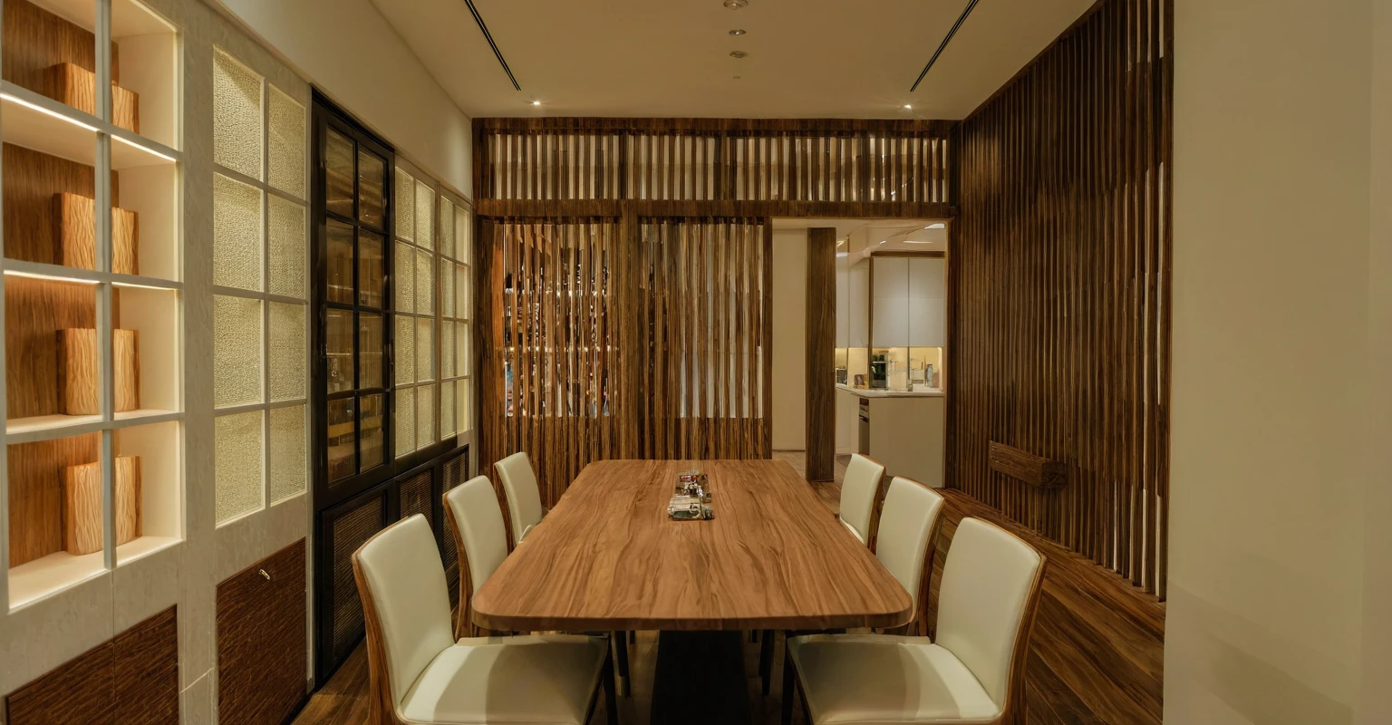 Raw photo, Masterpiece, high quality, best quality, authentic, super detail, interior, indoors, style Indochine modern, minimalist line, wooden, walnut veneer wood, led light, white paint wall, sofa, daylight, atrium, LIVING ROOM, PEN HOUSE, kitchen, japan style, bedroom, wasabi style, Jen styled, dinning room,