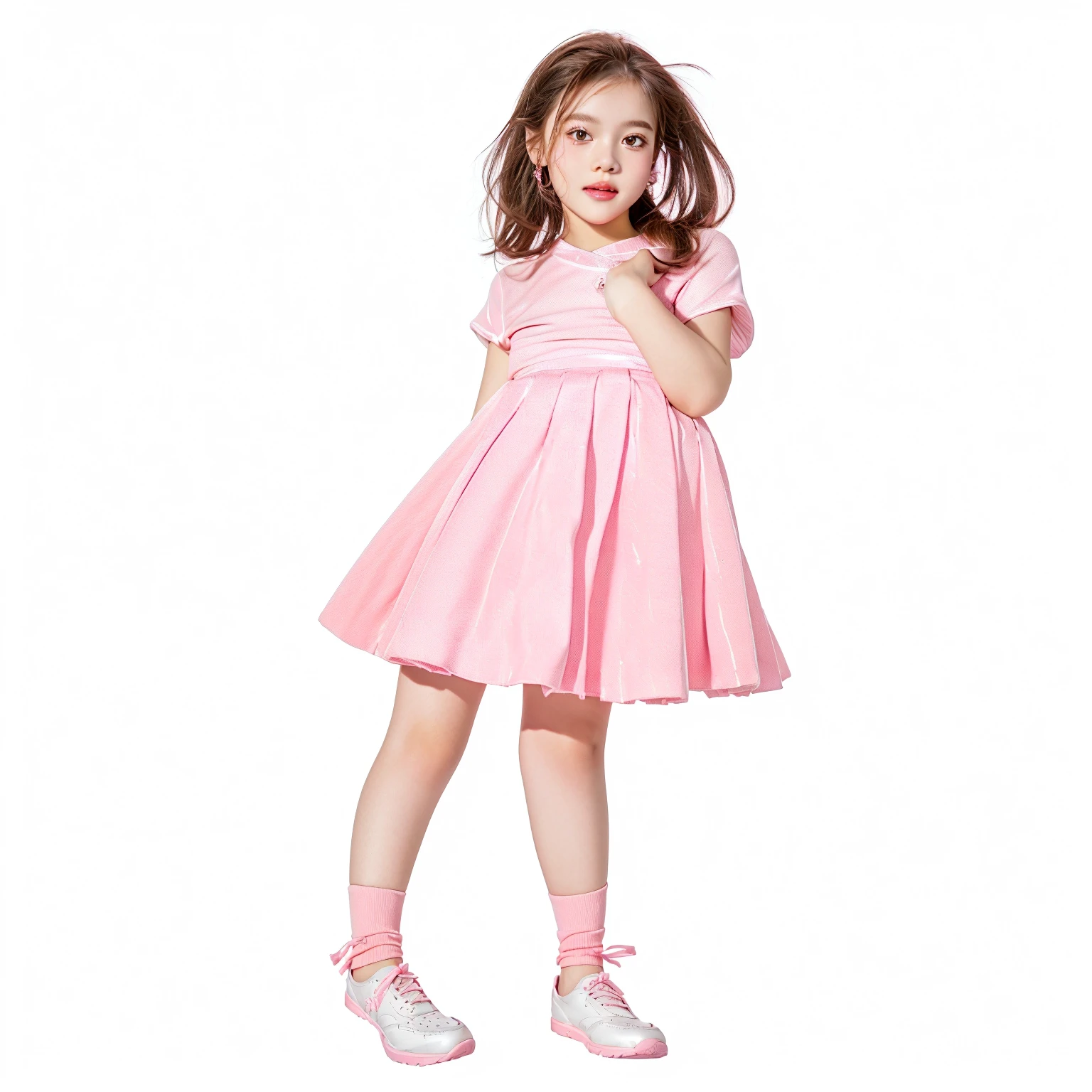 Full body photo of a cute  Chinese girl，The picture should include the entire body，Plain white flat background，Easy to cutout，（for 6 years drenswear outfit，Small pink lips，Wearing a cute light pink bear shirt，largeeyes，Short shoulder-length hair，Fine hair，Soft interior lights，Smooth and shiny，（Child model），place，ultra - detailed，Aesthetics，tmasterpiece，best qualtiy，realisticlying，4K，Ultra-delicate，detail-rich，Photo texture，with a pure white background，with a pure white background，with a pure white background，with a pure white background