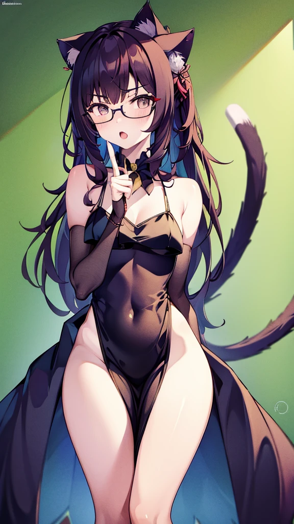 A 20-year-old cat girl with long black hair, gray eyes, cat ears and a cat tail, wears glasses, black long dresses sexy, sleeveless, standing,