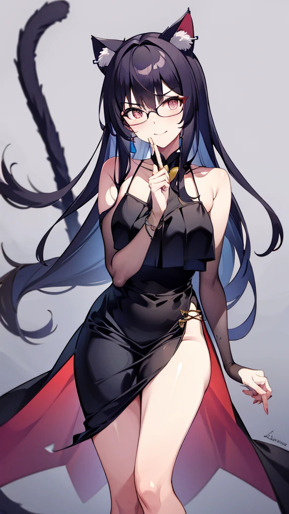 A 20-year-old cat girl with long black hair, gray eyes, cat ears and a cat tail, wears glasses, black  long dresses sexy, sleeveless, standing,