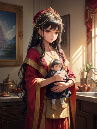 clean backdrop，current，realistically，studio light,studio，（32k，RAW photogr，Best quality，tmasterpiece：1.6），（realistically，photo-realism：1.72）， in a mesmerizing picture，Indian elegant woman，black hair color hair，Put on Indian gauze skirt，Light yarn flutters，holding a pomegranate in hand，Holding a small baby，There are 5 small babies around，There are 5 babies in total，her flowing robe，Baby dolls&#39;Cute big breasts，Create a harmonious and otherworldly beautiful and charming scene。 HighDynamicRange，（Reality，masterpiece quality，Best quality），，pure love face_v1，Urzang-6500-V1 version.1，nice hand，Good feet，good legs，realistically，（Exquisite and beautiful eyes and exquisite face)，（Clear focus，rich details​），The background is well lit，calm expression，Aliasing，depth of fields，gentlesoftlighting，Tone-mapping，The background is very detailed，dramatic lights，Shot with Hasselblad X2D camera and 100mm f2.2 lenses，Lots of colors，The light is very gentle，It has a super realistic texture。