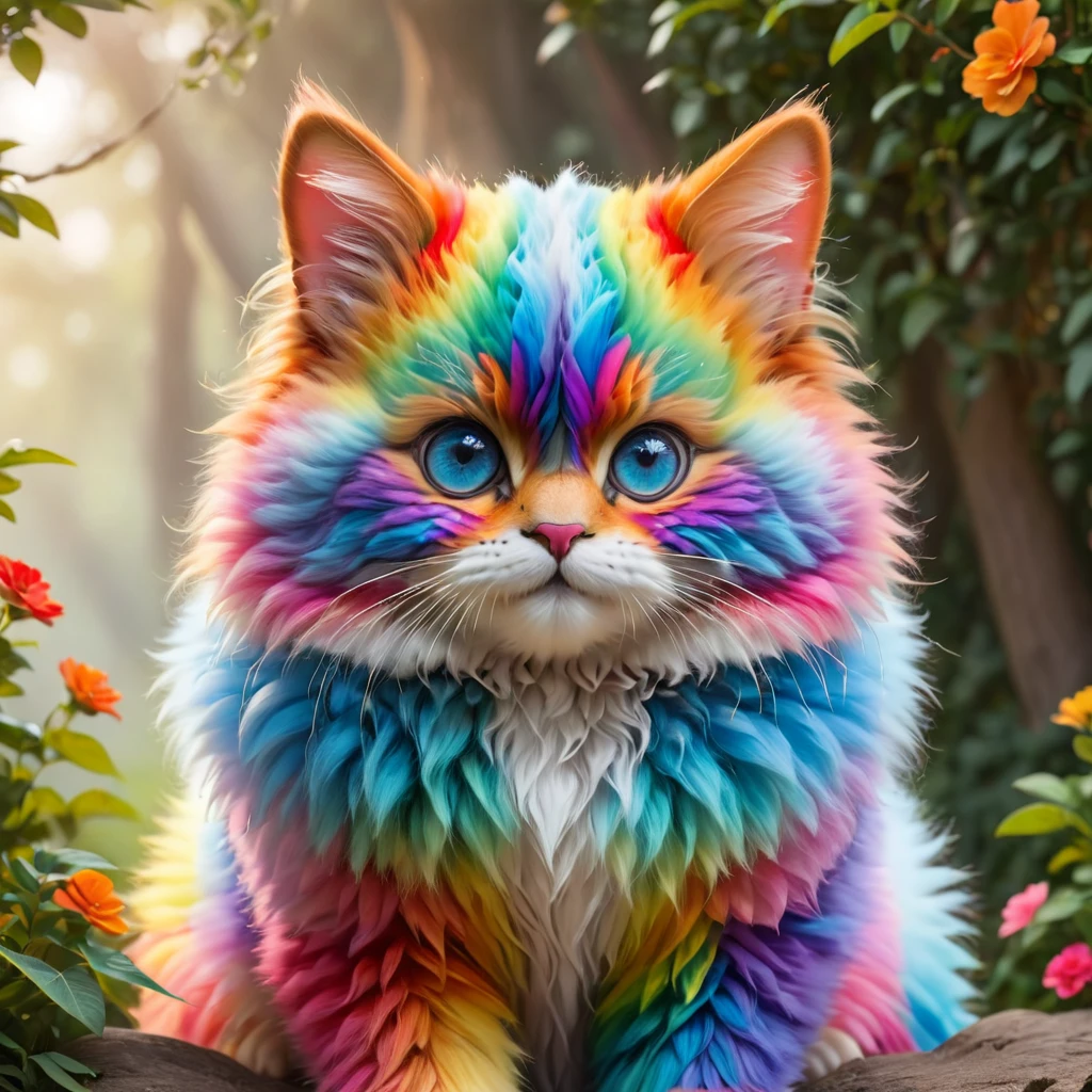 Cute rainbow Fluffy ninja cat with beautiful eyes clowerful,clowerful nature background