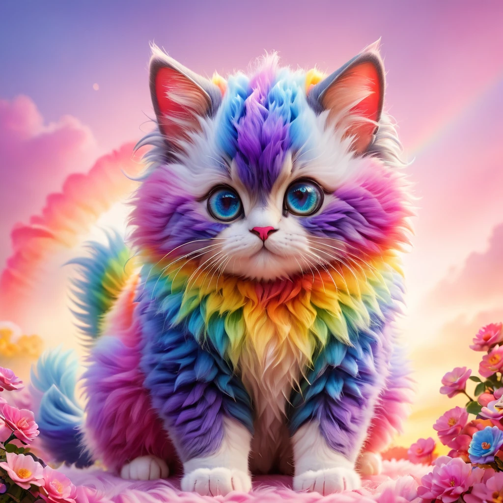 Cute rainbow Fluffy ninja cat with beautiful eyes clowerful,clowerful nature background